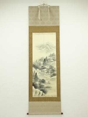 岩田華風筆　水墨山水　肉筆絹本掛軸（共箱）